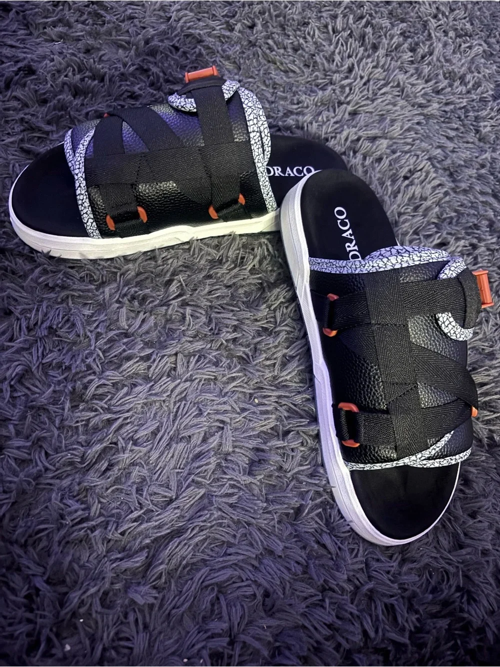 Draco Men’s Black Strap Slide Sandals with White Trim and Orange Accents